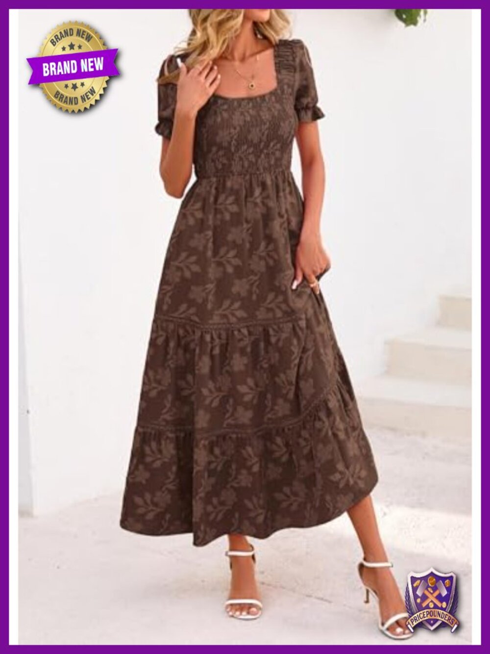 Boho Floral Maxi Dress Square Neck Smocked Ruffle A-Line Wedding Guest - Picture 5 of 6
